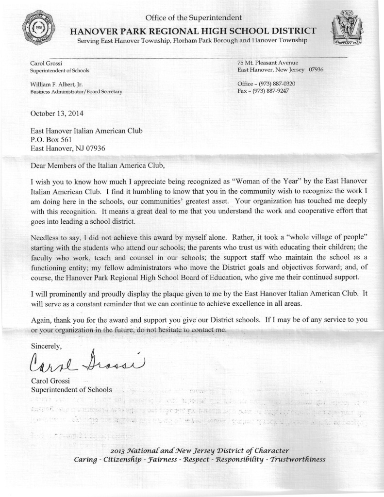 Letter of Appreciation from Hanover Park High School – East Hanover ...